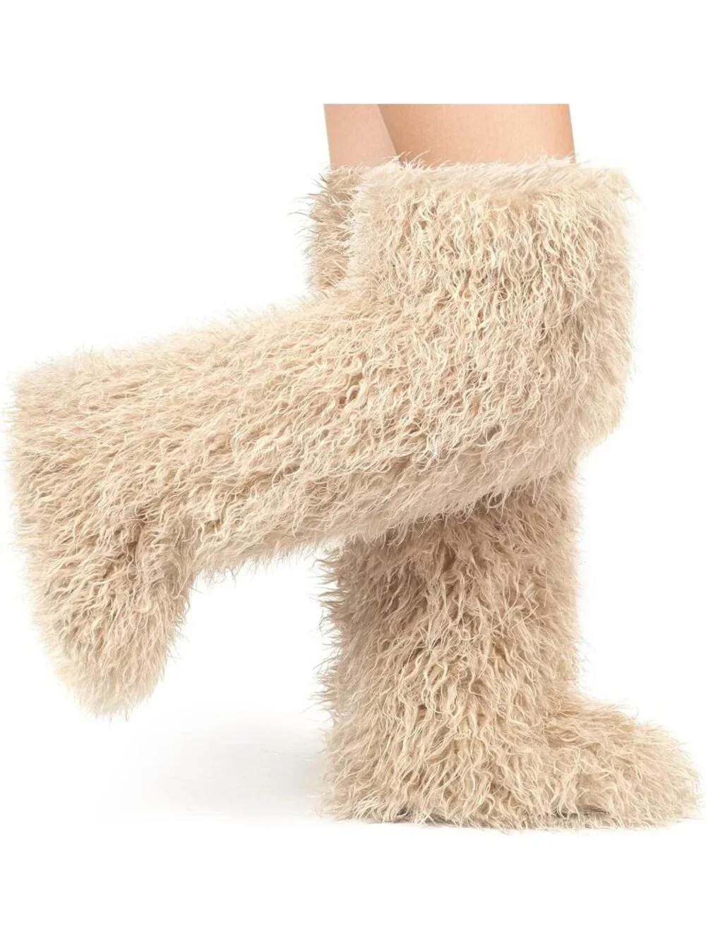 Women's Beige Shaggy Faux Furry Fuzzy Fluffy Flat Knee-High Slouchy Snow Boot